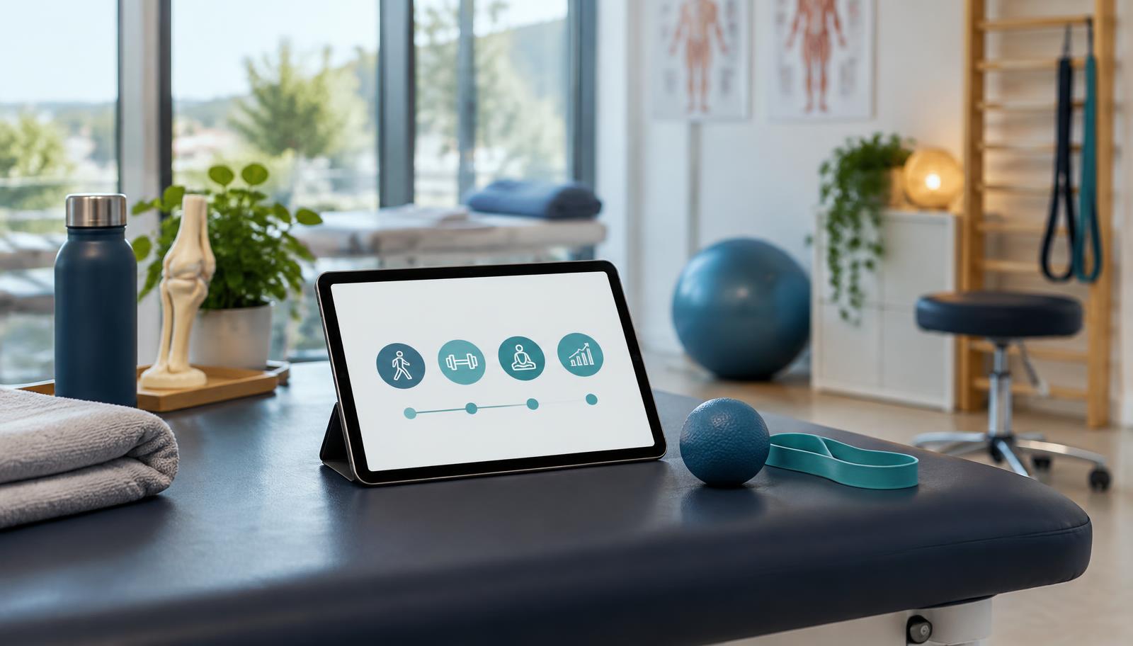 iPad auf einer Behandlungsliege in einer hellen Reha-Einrichtung